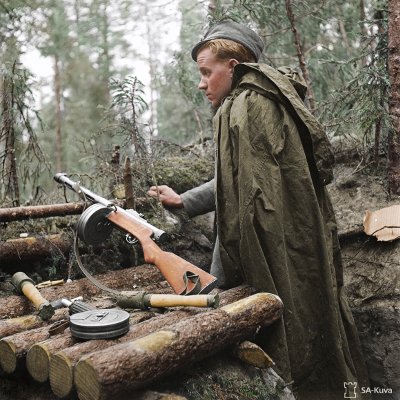 Suomalainen vartiomies Uuksujärven maastossa jatkosodan lopussa